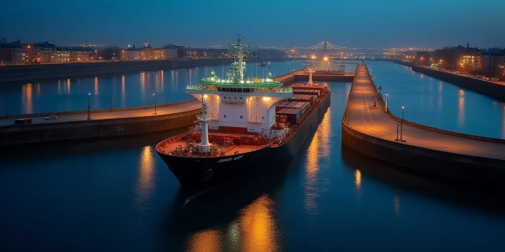 a large cargo ship is entering a lock on a river at night time with a city in the background, Beeple