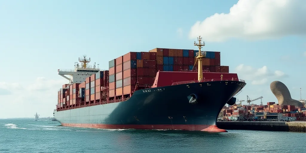 a large cargo ship with containers stacked on top of it's sides in the ocean near a dock, Andries St