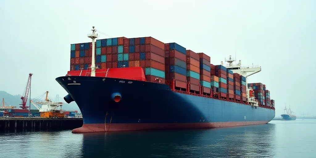 a large cargo ship with containers stacked on top of it's sides in the ocean near a dock, Andries St
