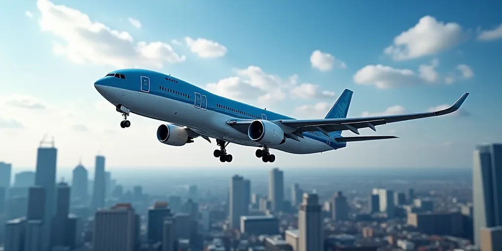 a large commercial airplane flying over a city skyline with a chart in the background and a foregrou