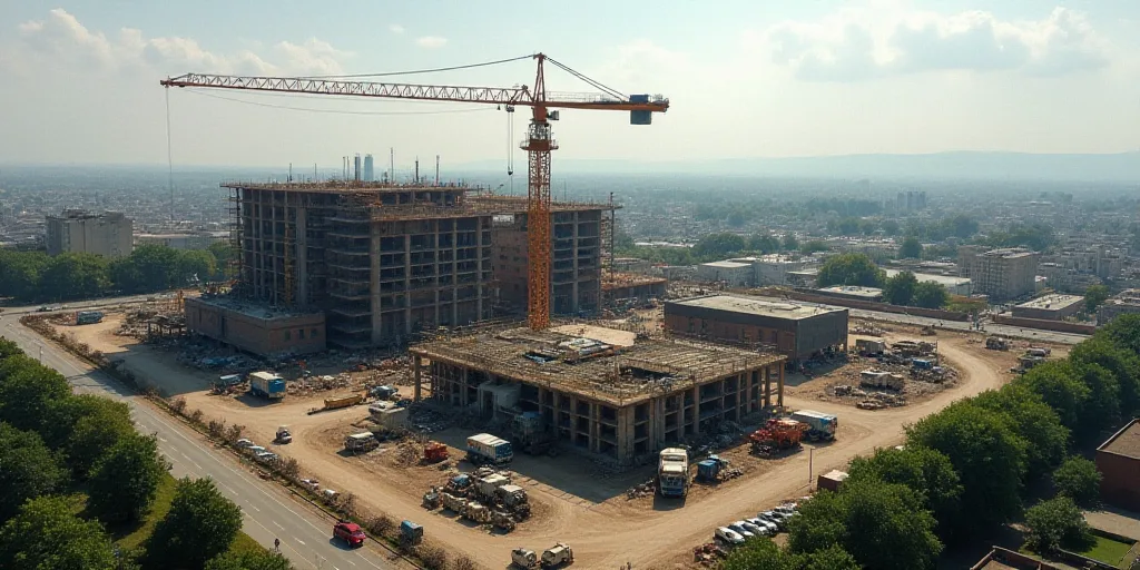 a large construction site with a crane and other equipment in the background and a building in the f