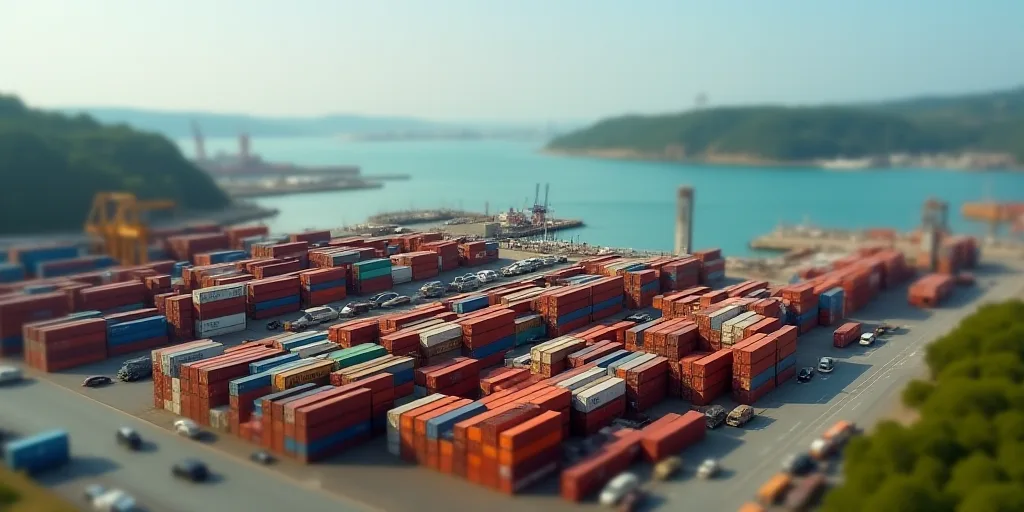 a large container yard with a lot of containers in it and a large body of water in the background, E