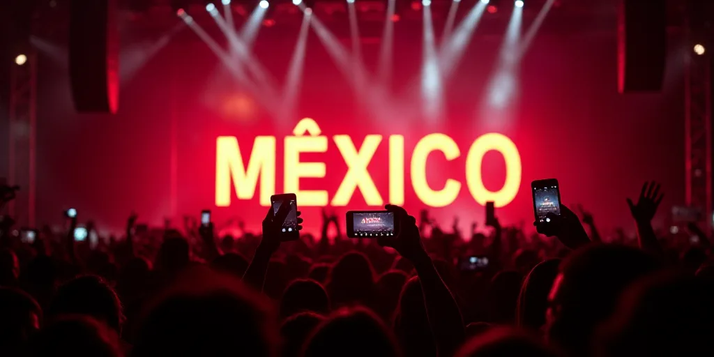 a large crowd of people are taking pictures of a mexico sign on a stage with their cell phones in th
