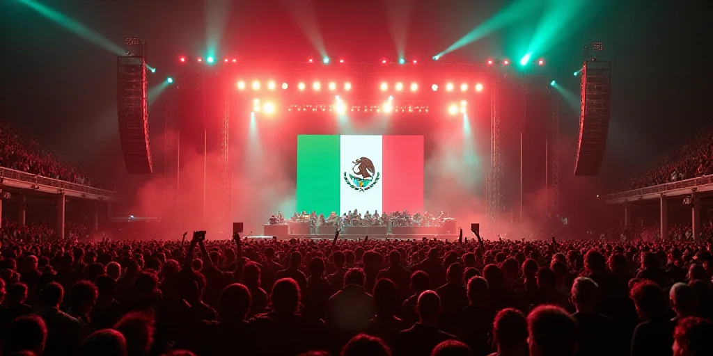 a large crowd of people standing around a stage with a mexican sign above it that says mexico on it,