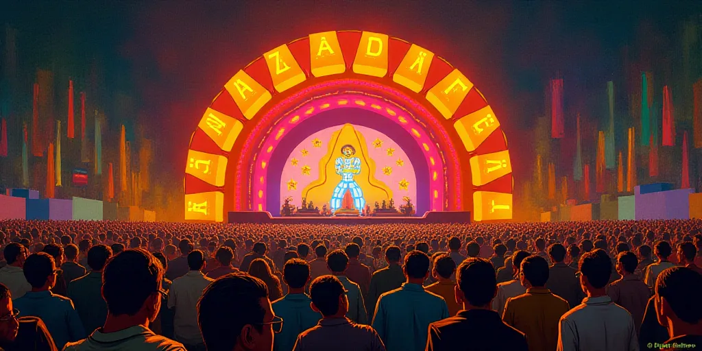 a large crowd of people standing around a stage with a mexican sign above it and a neon sign above i