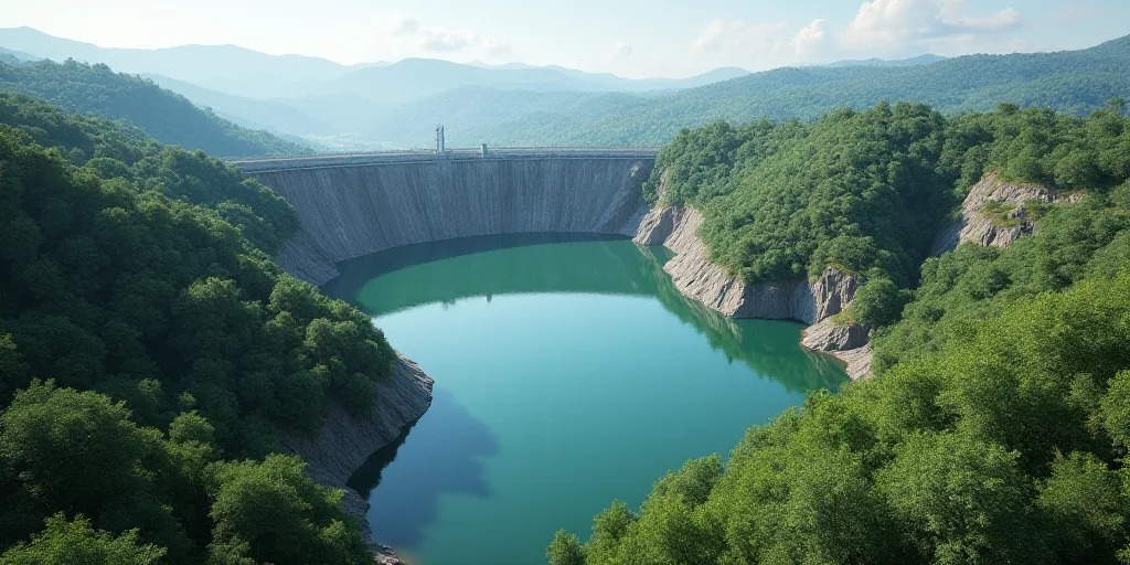 a large dam with a large body of water in the middle of it and a few trees around it, Carpoforo Tenc