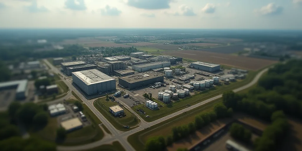 a large factory with a lot of tanks in the middle of it's yard and a road running through it, Enguer