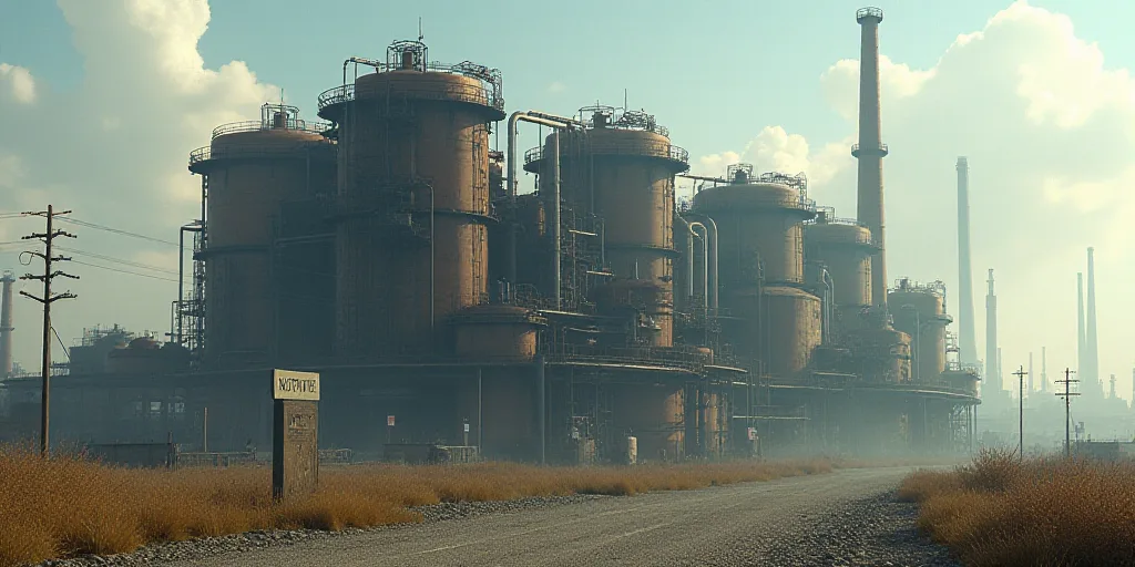 a large factory with a lot of pipes and tanks on it's sides and a sign in front of it, Dahlov Ipcar,