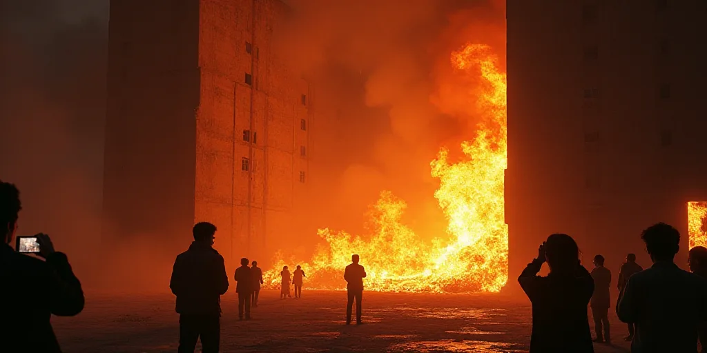 a large fire is burning in a building with people watching it and people standing around it with the