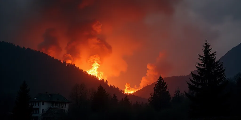 a large fire is burning in the mountains at night time with houses and trees in the foreground and a