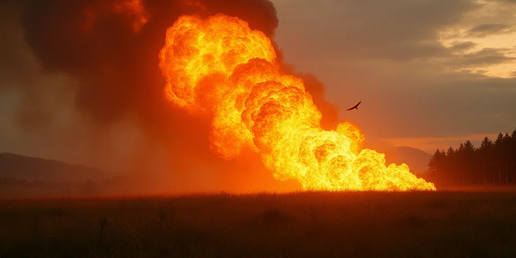 a large fire is burning in the air near a field and trees in the background with a bird flying overh