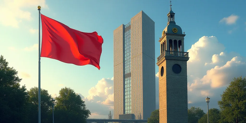 a large flag flying in front of a tall building with windows in the background and a clock tower in