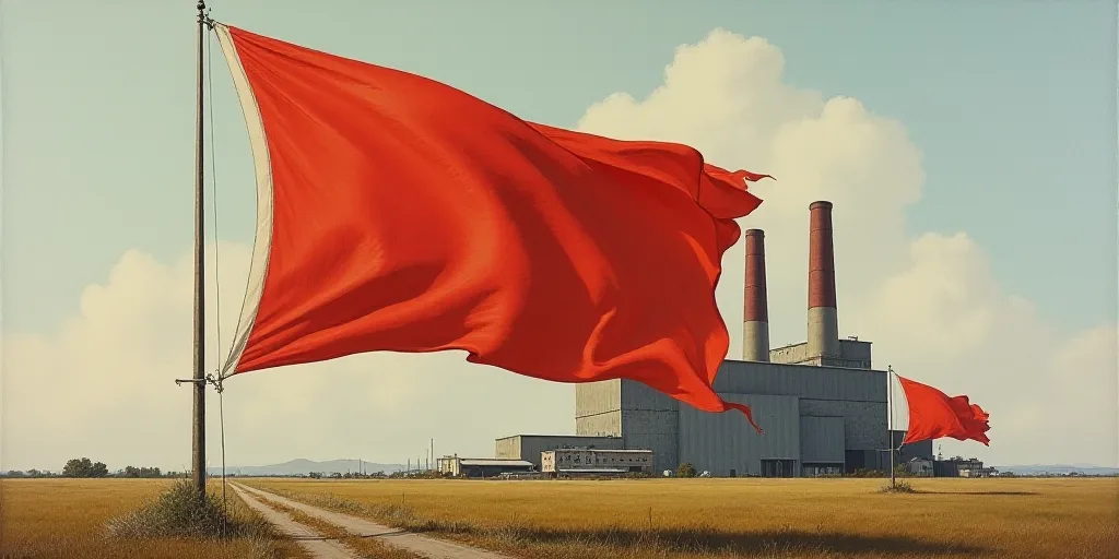 a large flag is in front of a factory with a flag on it's side and a flag on the other side, Eduardo
