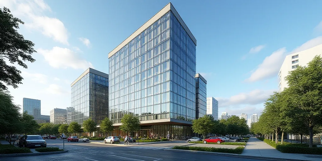 a large glass building with a sky background and trees in the foreground and a city in the backgroun