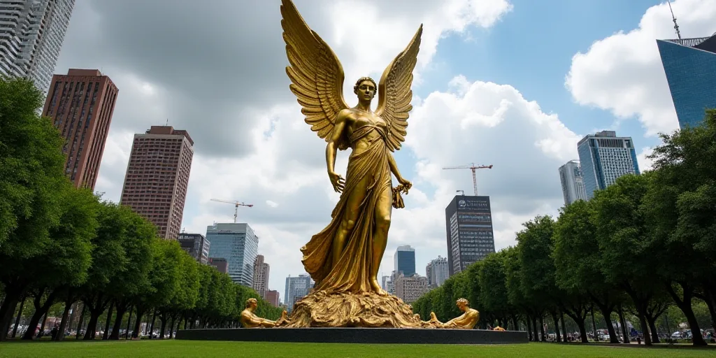 a large golden statue of an angel in a city park with tall buildings in the background and a city sk