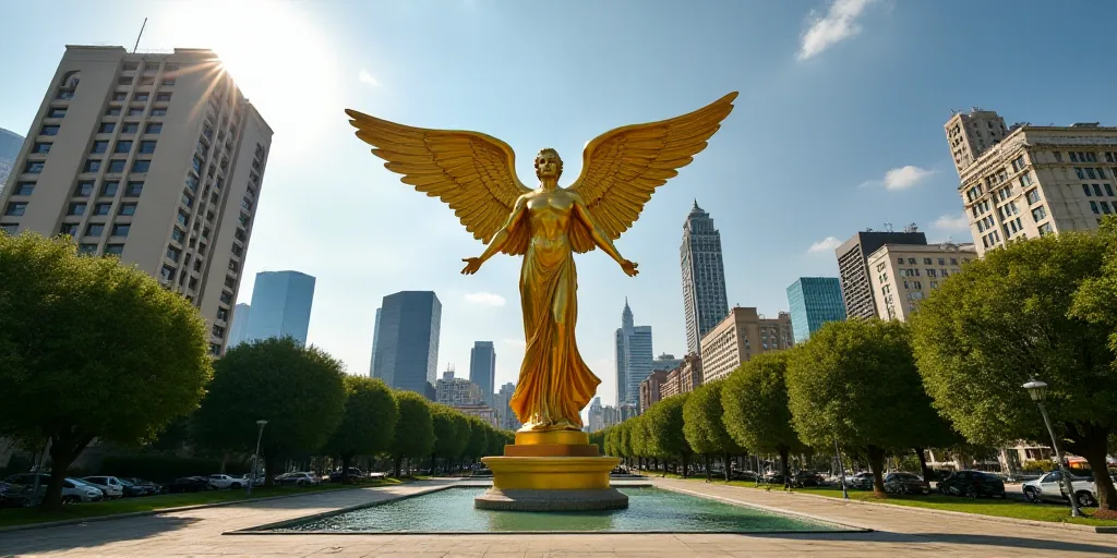 a large golden statue of an angel in a city park with tall buildings in the background and a city sk
