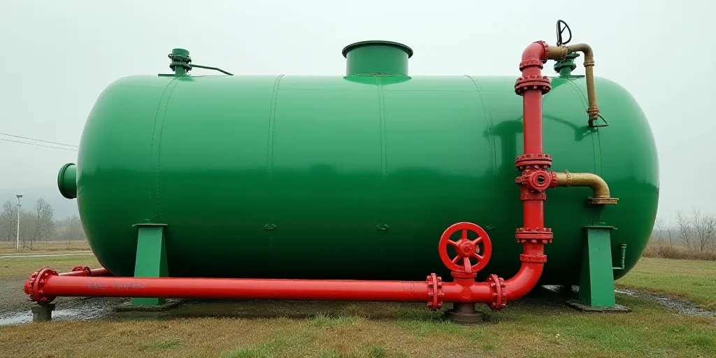 a large green tank with a red valve in front of it and a red pipe in front of it, Ceferí Olivé, oi