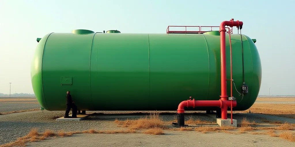 a large green tank with a red pipe next to it and a red pipe in front of it with a red pipe, Eduardo