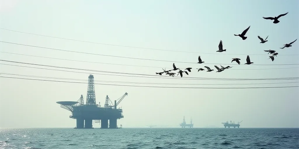 a large group of birds flying over a power line and a rig in the water with a crane in the backgroun