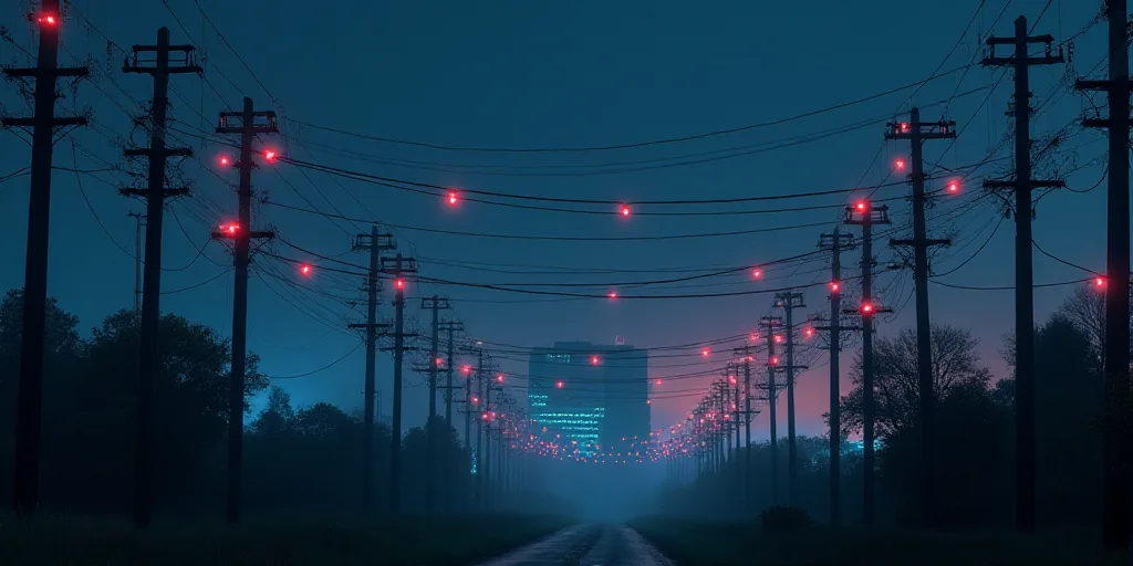 a large group of electrical wires and poles at night time with lights on them and a building in the