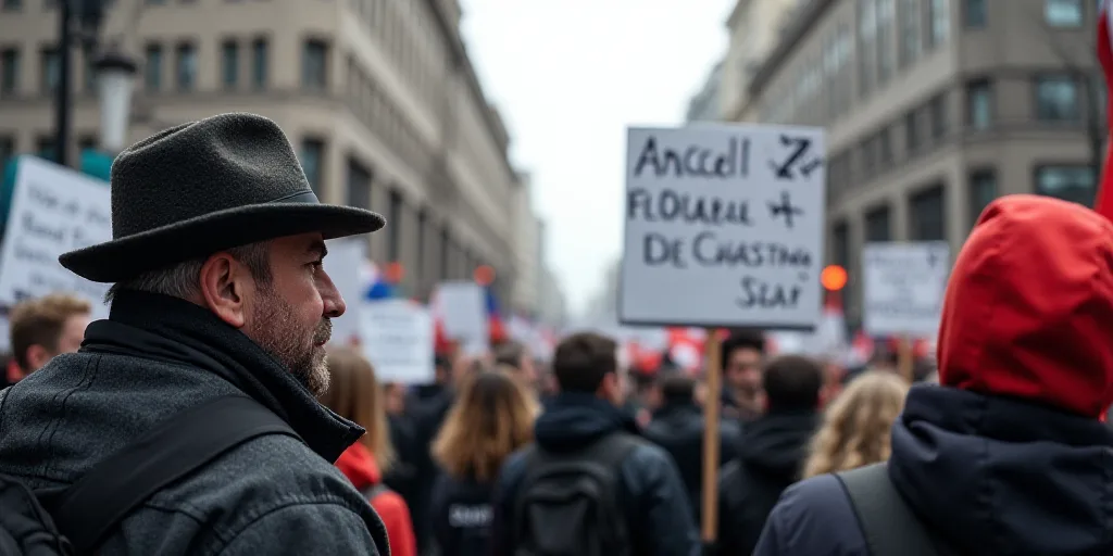 a large group of people holding signs and protesting in a protest rally in a city street with a man