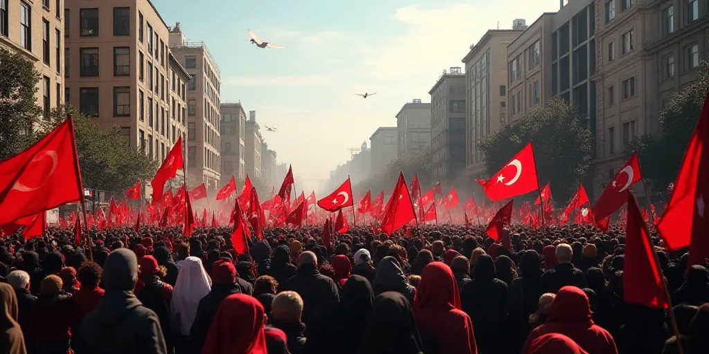 a large group of people holding flags and signs in a street with buildings in the background and a s