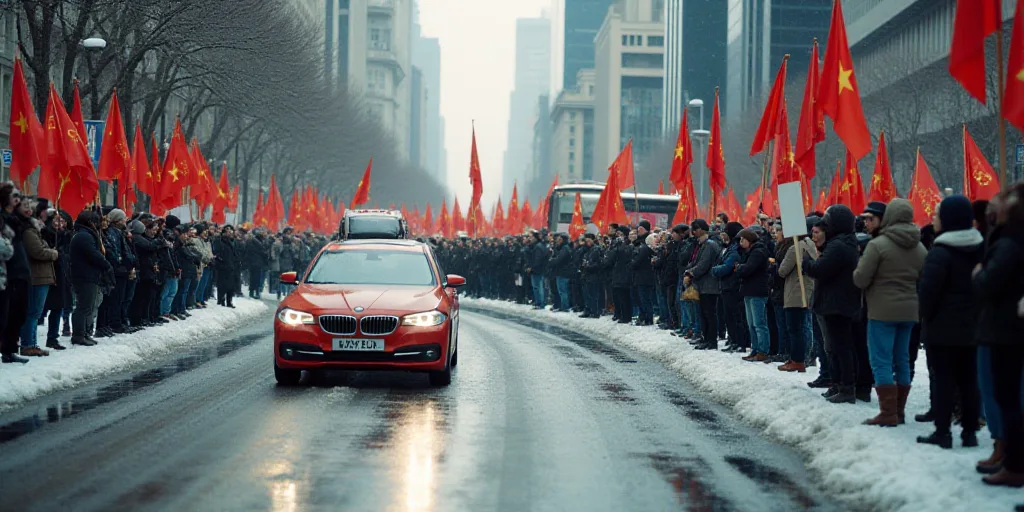 a large group of people holding signs and flags in a city street with a car driving by them and a bu