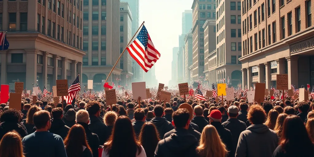 a large group of people holding signs and flags in the street with buildings in the background and a
