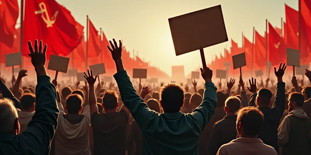 a large group of people holding signs and shouting in the air with their hands up in the air and one