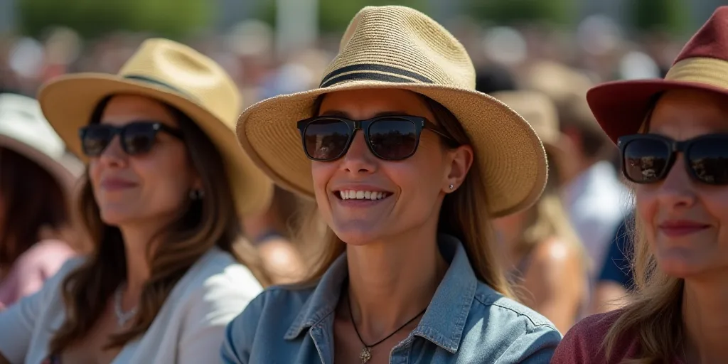 a large group of people sitting next to each other in a crowd of people wearing hats and sunglasses,