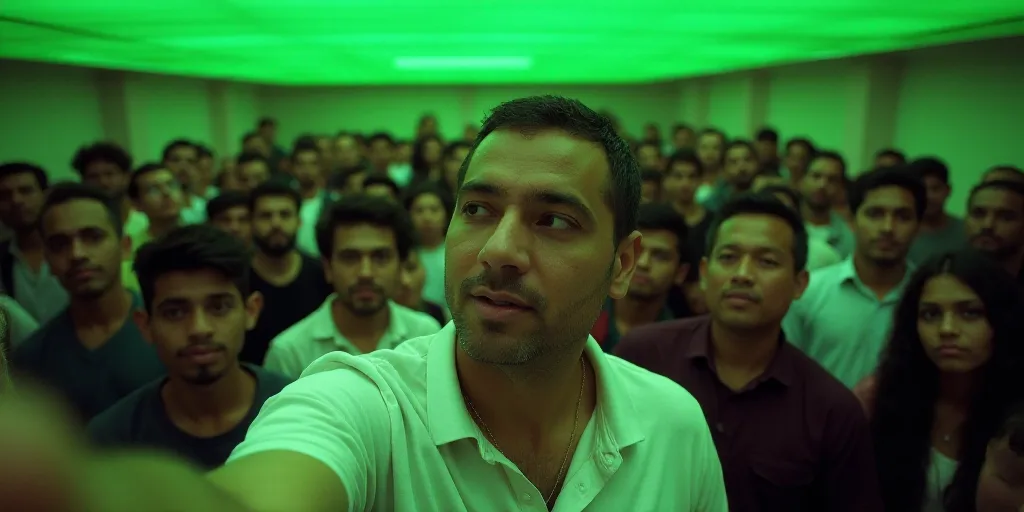 a large group of people standing together in a room with a green ceiling and a green awning over the