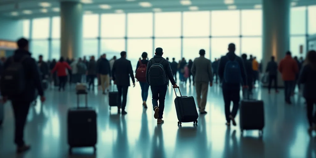 a large group of people walking through a terminal with luggage bags on their backs and luggage cart