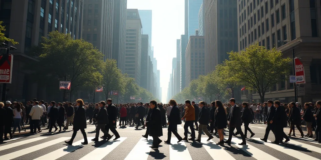 a large group of people walking across a street in a city with tall buildings and tall buildings in