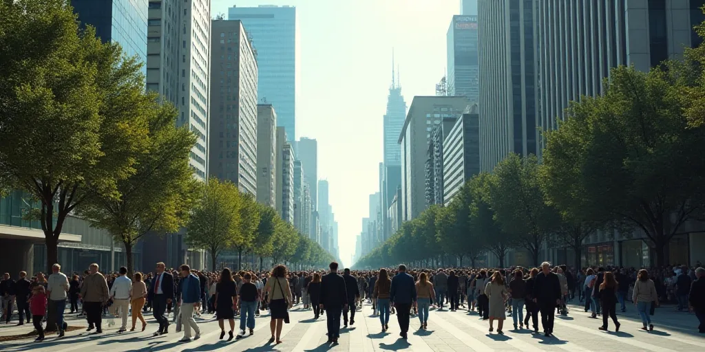 a large group of people walking across a street in a city with tall buildings and tall buildings in