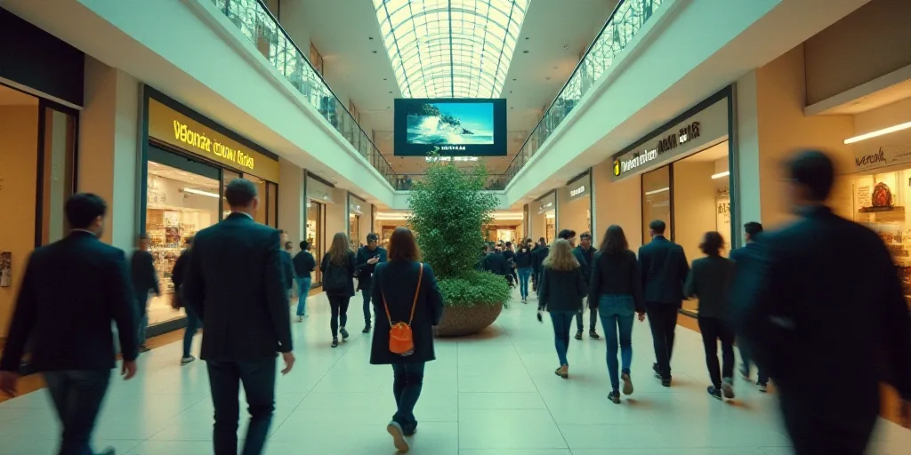a large group of people walking through a mall with a television on the wall and a plant in the midd