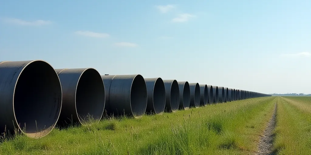 a large group of pipes are lined up in a field with grass and blue sky in the background,, Constant