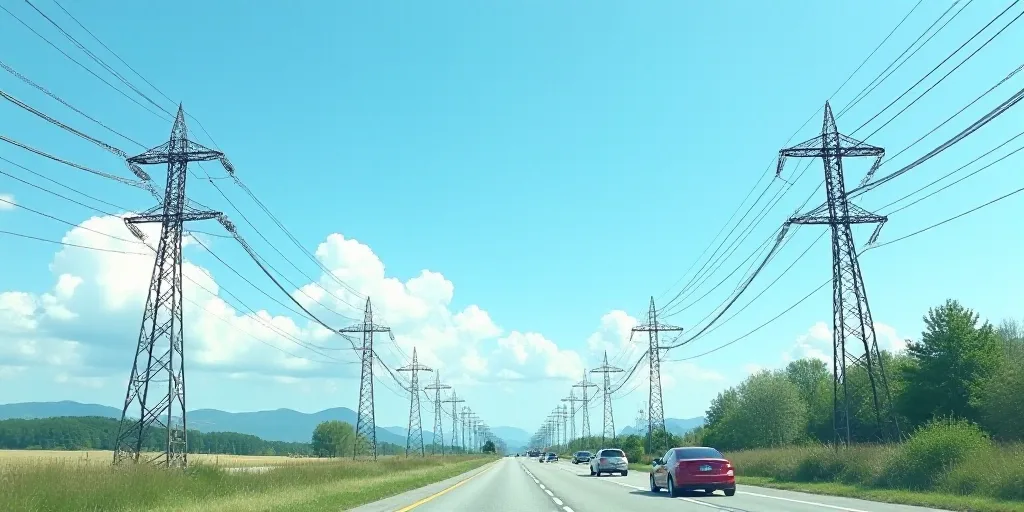 a large group of power lines and poles against a blue sky with a few clouds in the background and a
