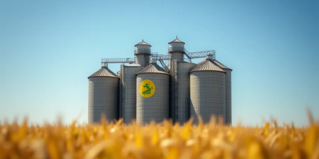 a large group of silos in a field of corn with a blue sky in the background and a yellow and green l