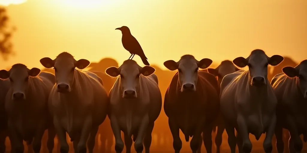 a large herd of cattle standing in a pen together in the sun light of the day, with a black bird on