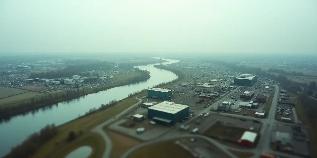 a large industrial area with a river running through it and a large industrial area in the backgroun