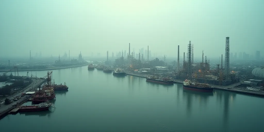 a large industrial area with a lot of water and a lot of buildings in the background and a lot of bo