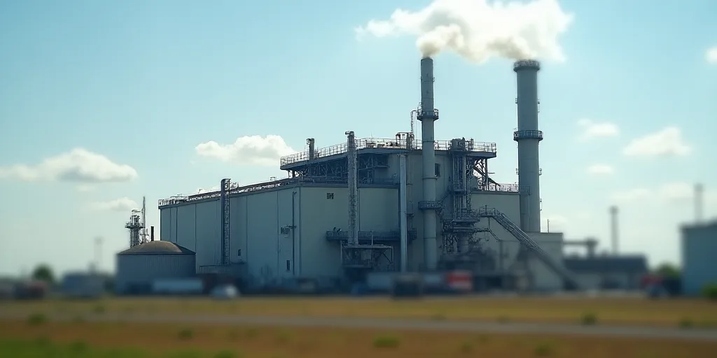 a large industrial building with a lot of pipes and tanks on top of it and a sky background with a f