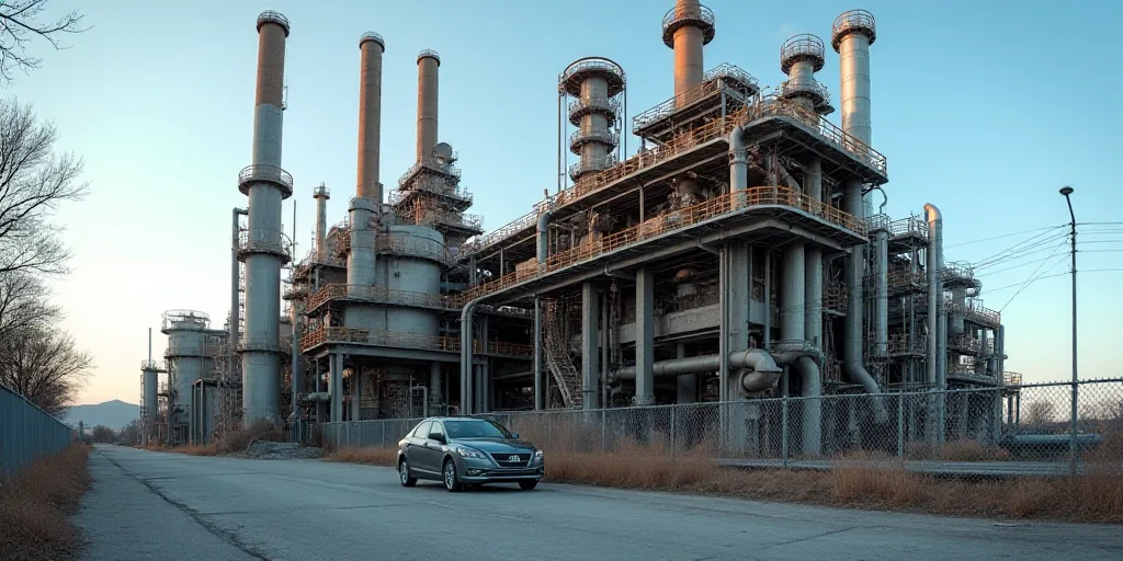 a large industrial plant with a lot of pipes and pipes on it's side and a car parked in front of it,