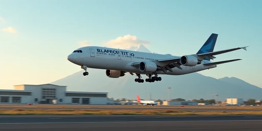 a large jetliner flying over a runway next to a building and a mountain range in the background with
