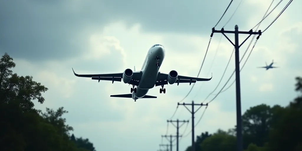 a large jetliner flying through a cloudy sky above power lines and trees in the foreground, with a p