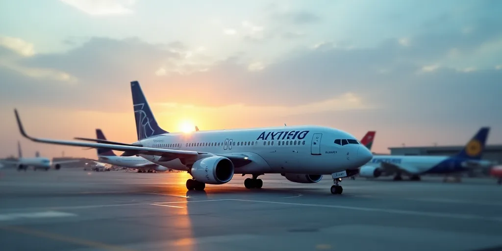 a large jetliner sitting on top of an airport tarmac next to other planes on the tarmac, Ei-Q, turna