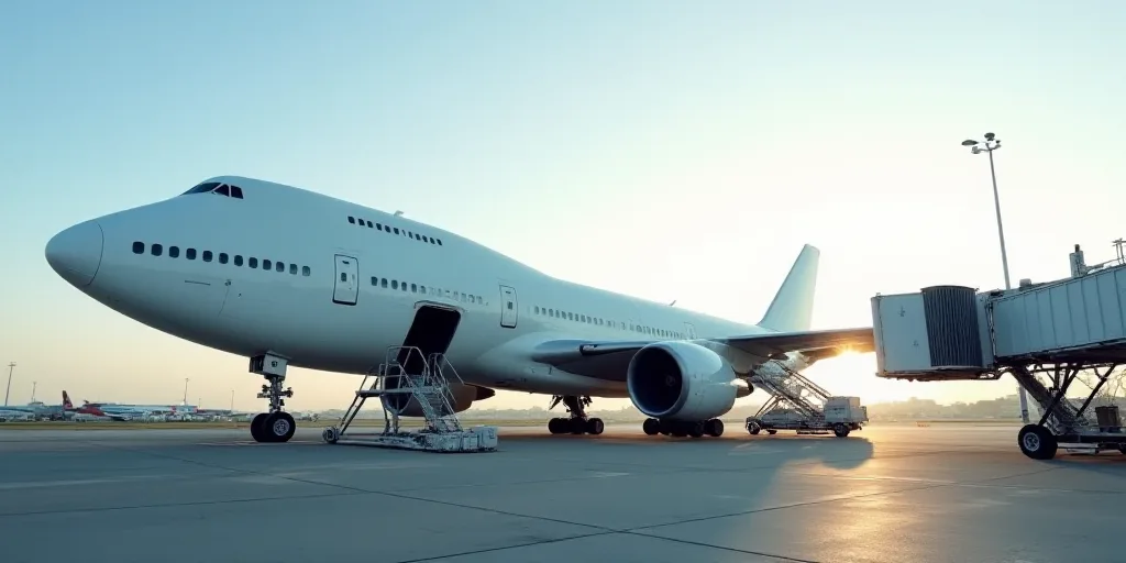 a large jetliner sitting on top of an airport tarmac next to a loading platform with luggage carts,