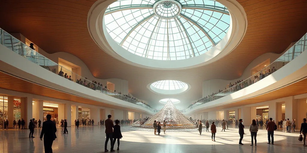 a large mall with a lot of people walking around it and a ceiling with a glass dome above it, Beeple