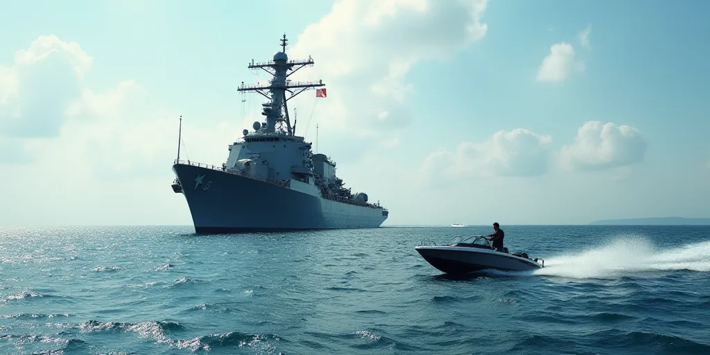 a large navy ship sailing across the ocean with a jet boat in the background on the water near the s
