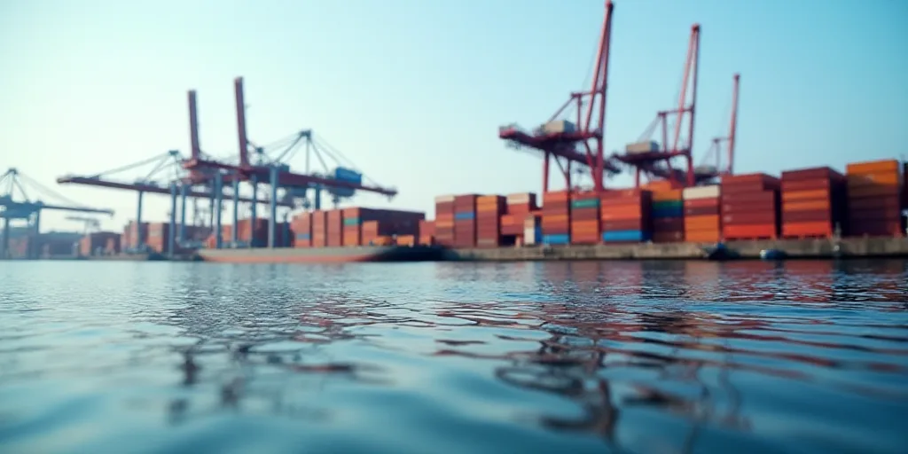 a large number of containers in a harbor with cranes in the background and a body of water in the fo
